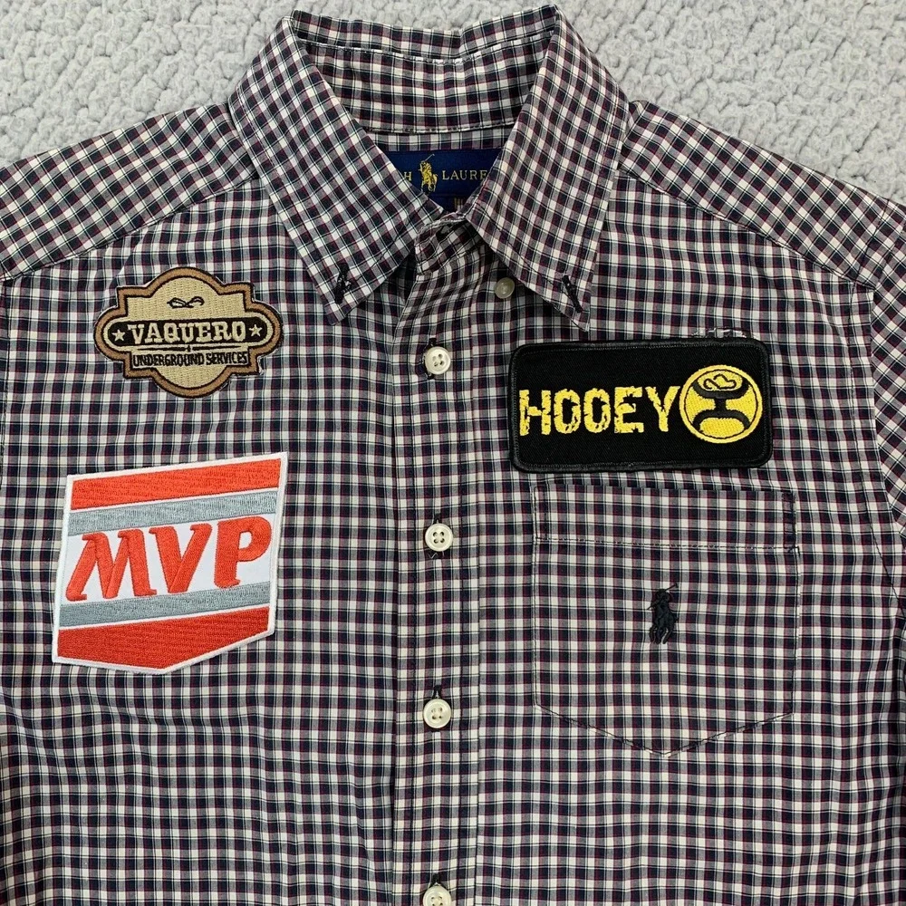 Ralph Lauren Button Down Shirt Boys M 10-12 Navy Red Plaid Hooey Western Patches